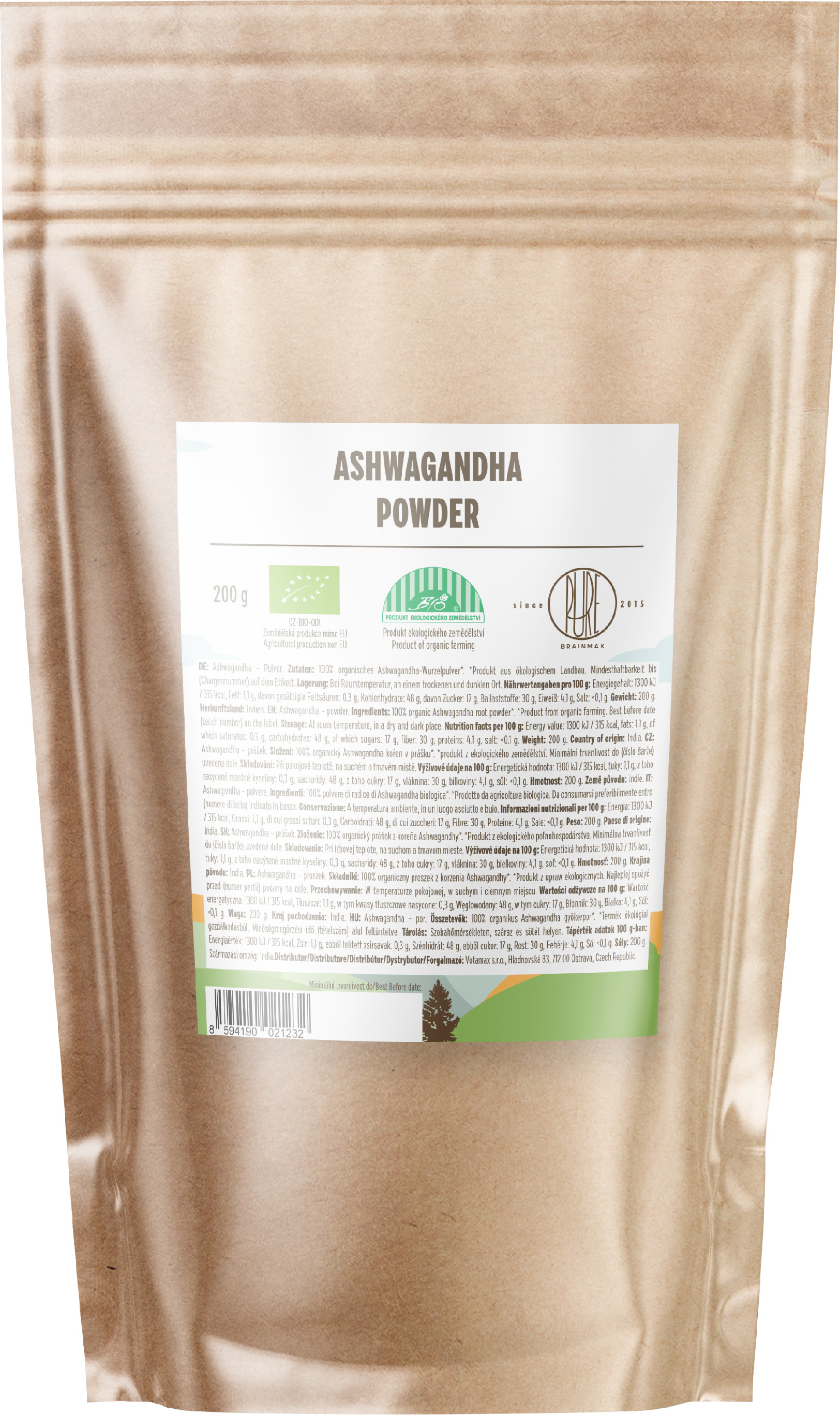 BrainMax Pure Ashwagandha BIO por, 200 g - BrainMarket.cz