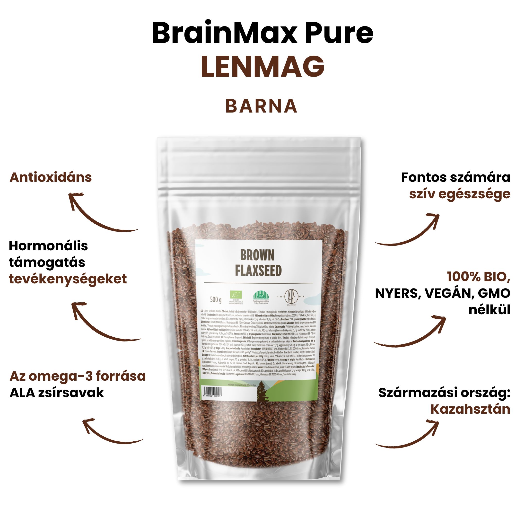 BrainMax tiszta lenmag (barna) BIO, 500 g