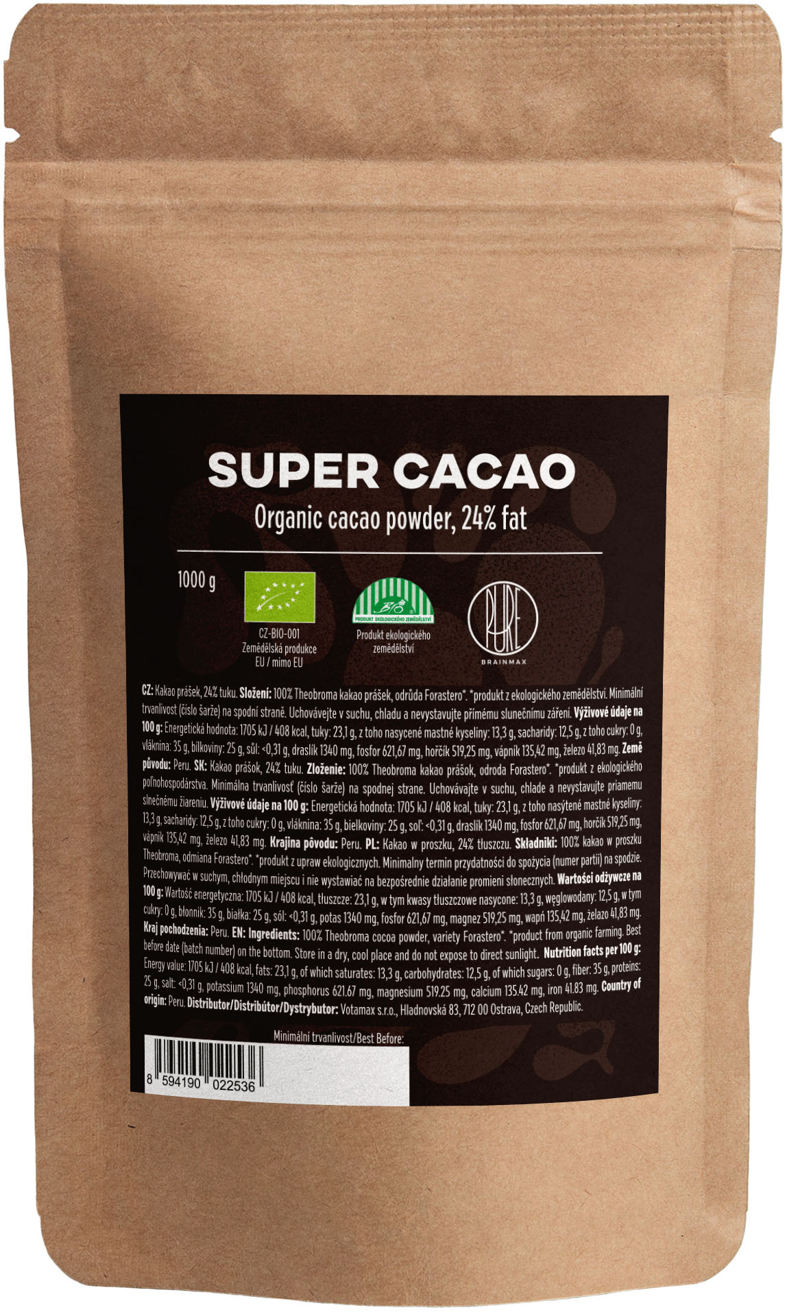 BrainMax Pure Organic 24 Super Cacao, BIO kakaó, 500g - BrainMarket.hu