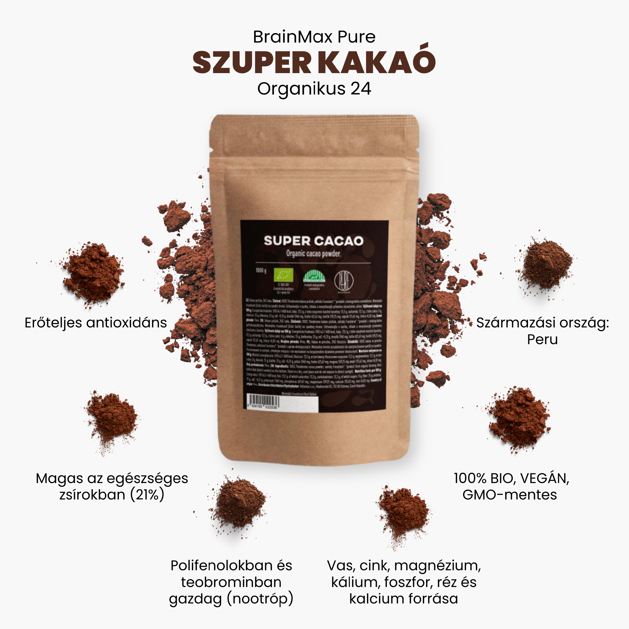 BrainMax Pure Organic 24 Super Cacao, BIO kakaó, 500g - BrainMarket.cz