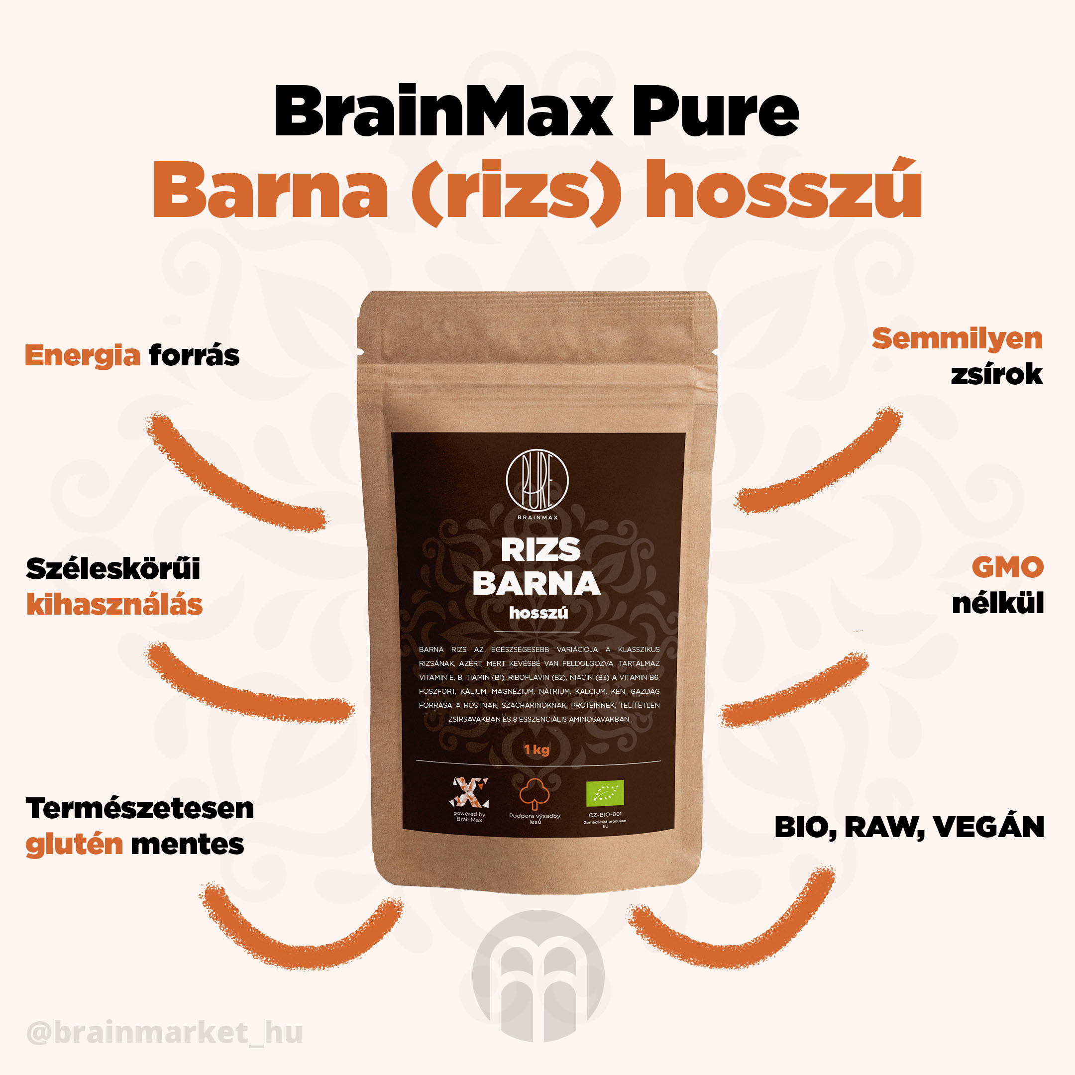 BrainMax Pure Rice - barna, hosszú BIO, 1kg - BrainMarket.cz