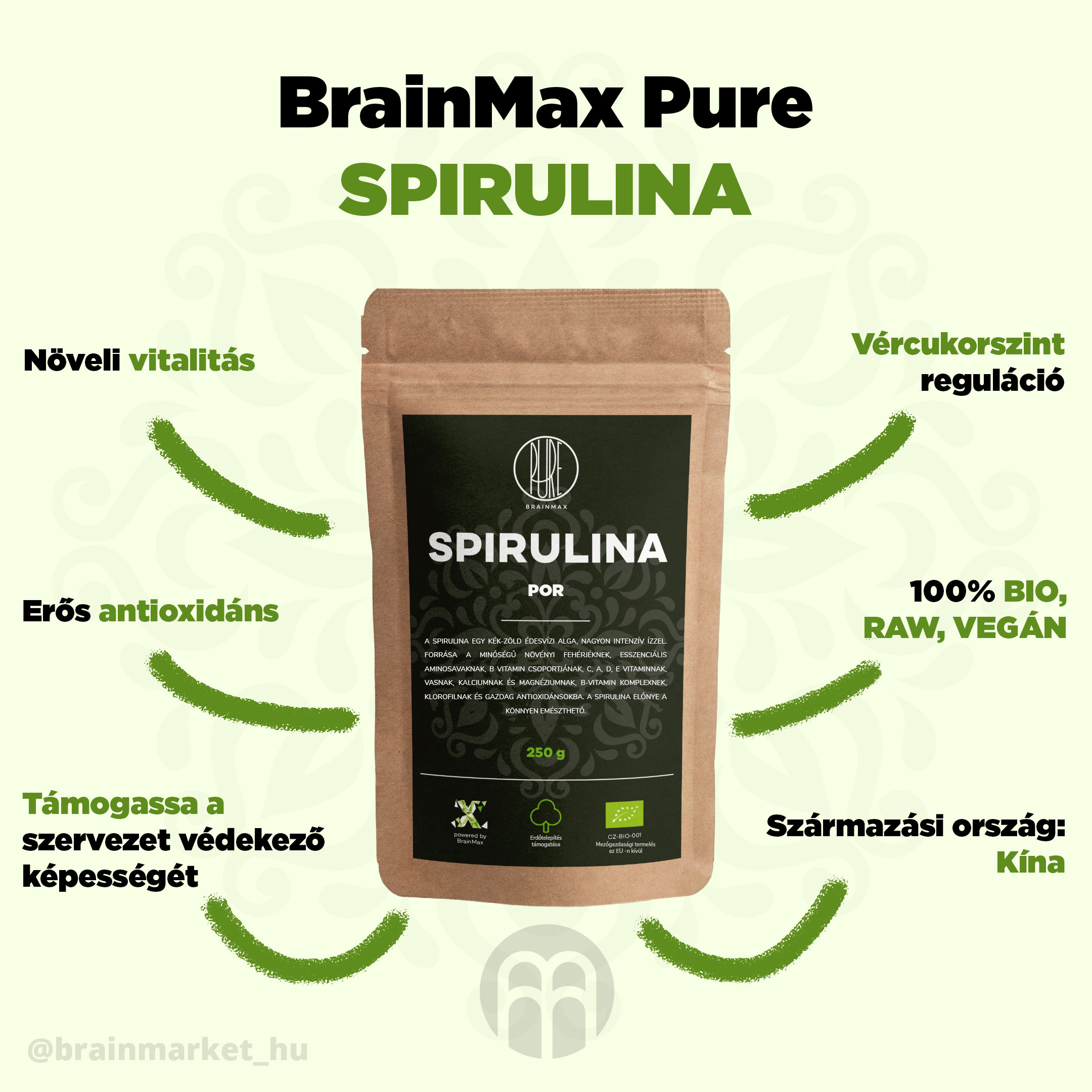 BrainMax Pure Spirulina BIO por, 250 g - BrainMarket.cz