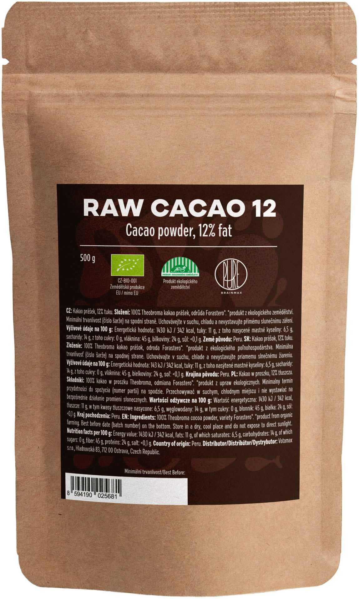 BrainMax Pure Organic 24 Super Cacao, BIO kakaó, 500g - BrainMarket.cz