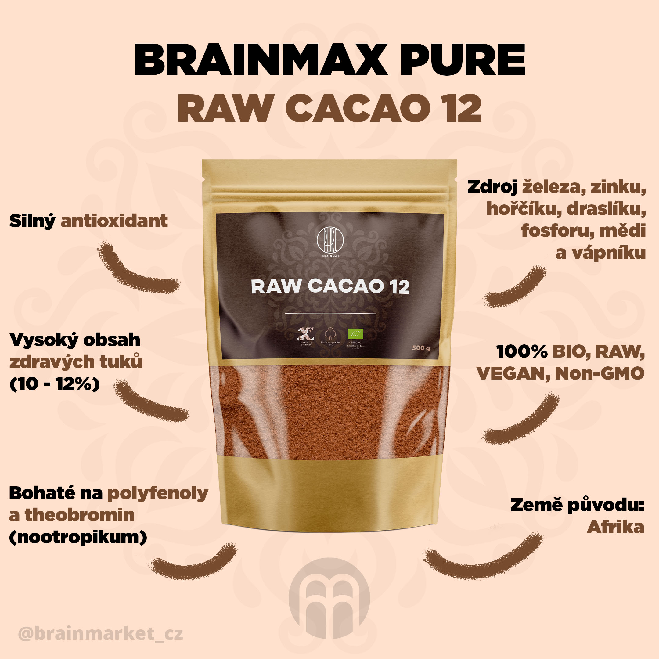 BrainMax Pure Organic 24 Super Cacao, BIO kakaó, 500g - BrainMarket.cz