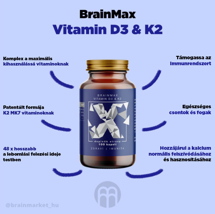 BrainMax D3- és K2-vitamin, D3 5000 NE / K2 mint MK7 150 mcg, 100 kapszula